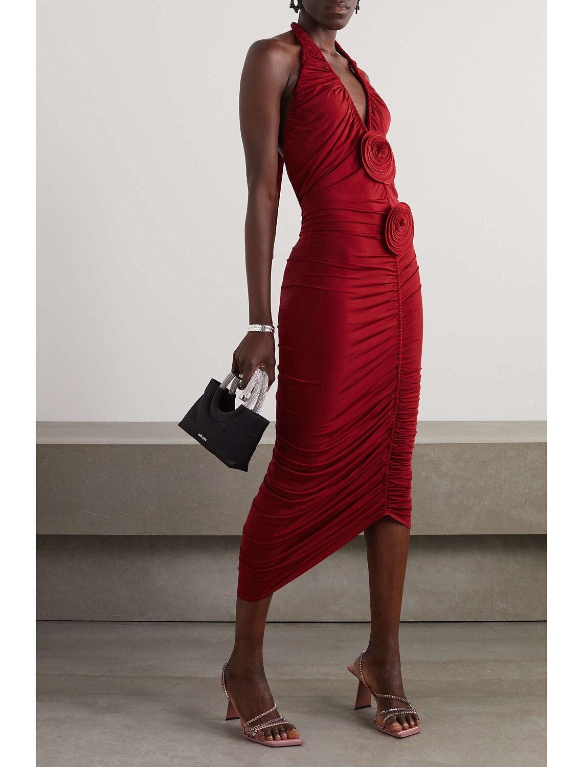 Etuikleid/Säulenkleid, Abendkleid, glitzernd, formell, knielang, ärmellos, Neckholder, für Herbsthochzeiten, dehnbarer Stoff, rückenfrei mit gerüschten Applikationen